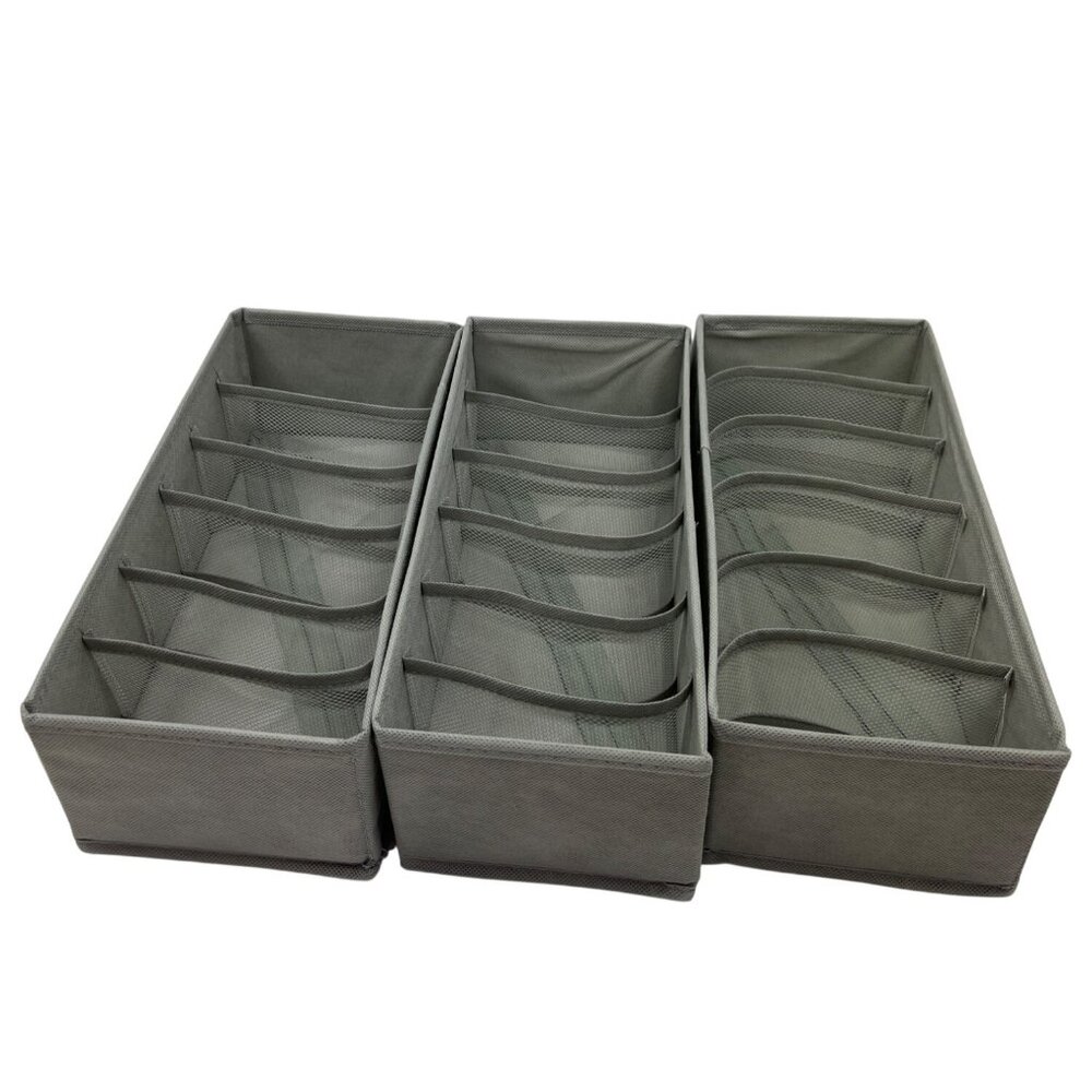 Foldable Drawer Organizers Set Of 3 W/ Mesh Dividers For Socks & Underwear Gray